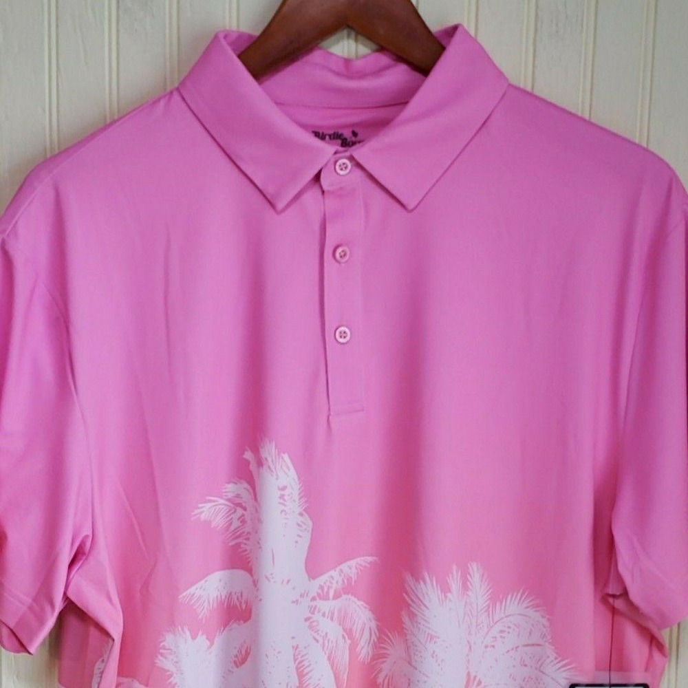 Birdie Bound Polo Shirt Mens L Pink Palm Tree Tropical Gradient Golf Knit Top